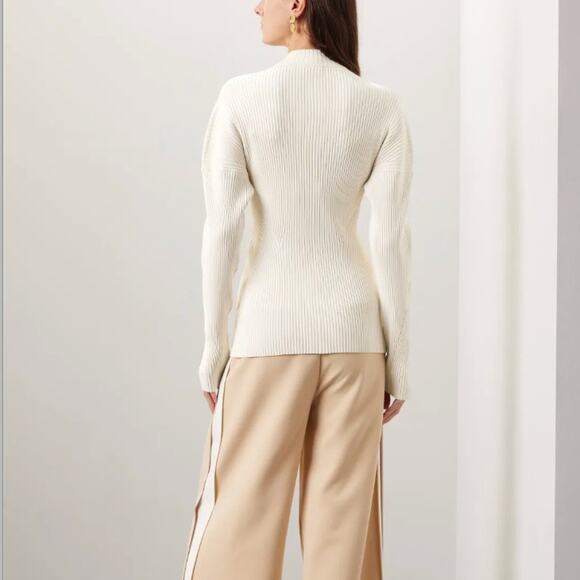 A.L.C. White Ribbed Knit Full Zip Sweater LARGE Work Quiet Luxury Designer $500 - Picture 2 of 14